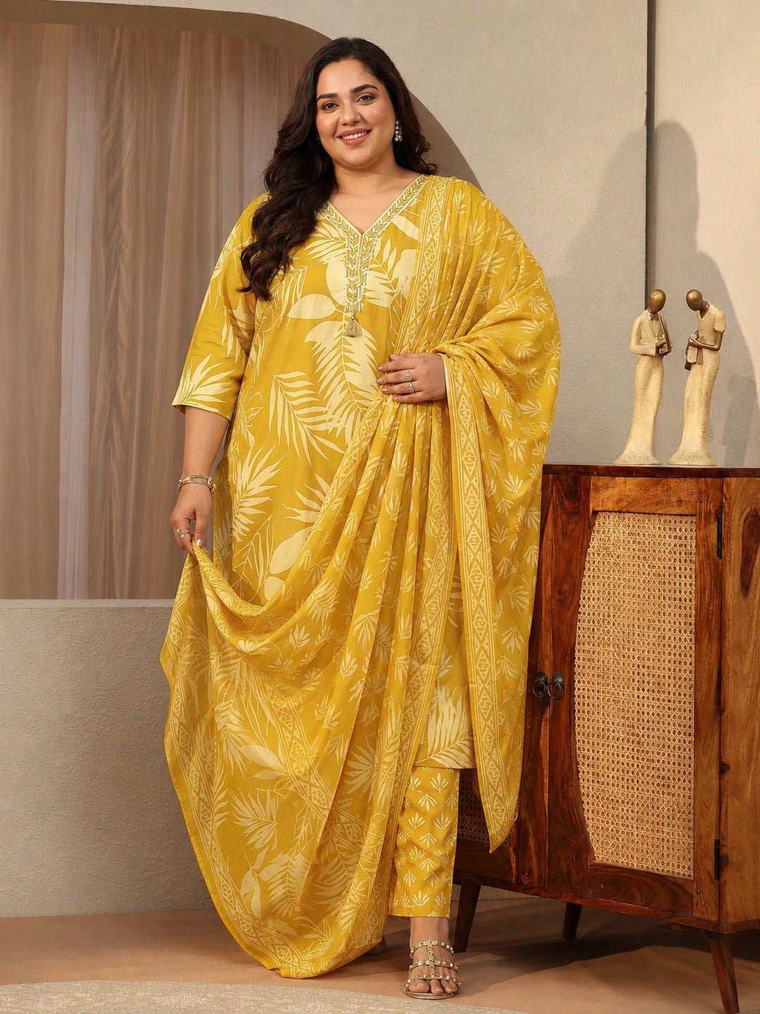 libas Plus Size Mustard Floral Printed Cotton Blend Straight Suit Set-picture-17