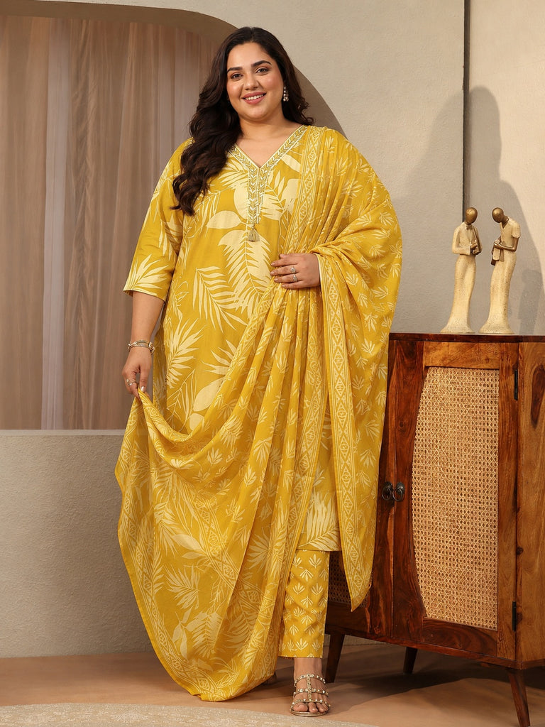 Plus Size Mustard Floral Printed Cotton Blend Straight Suit Set