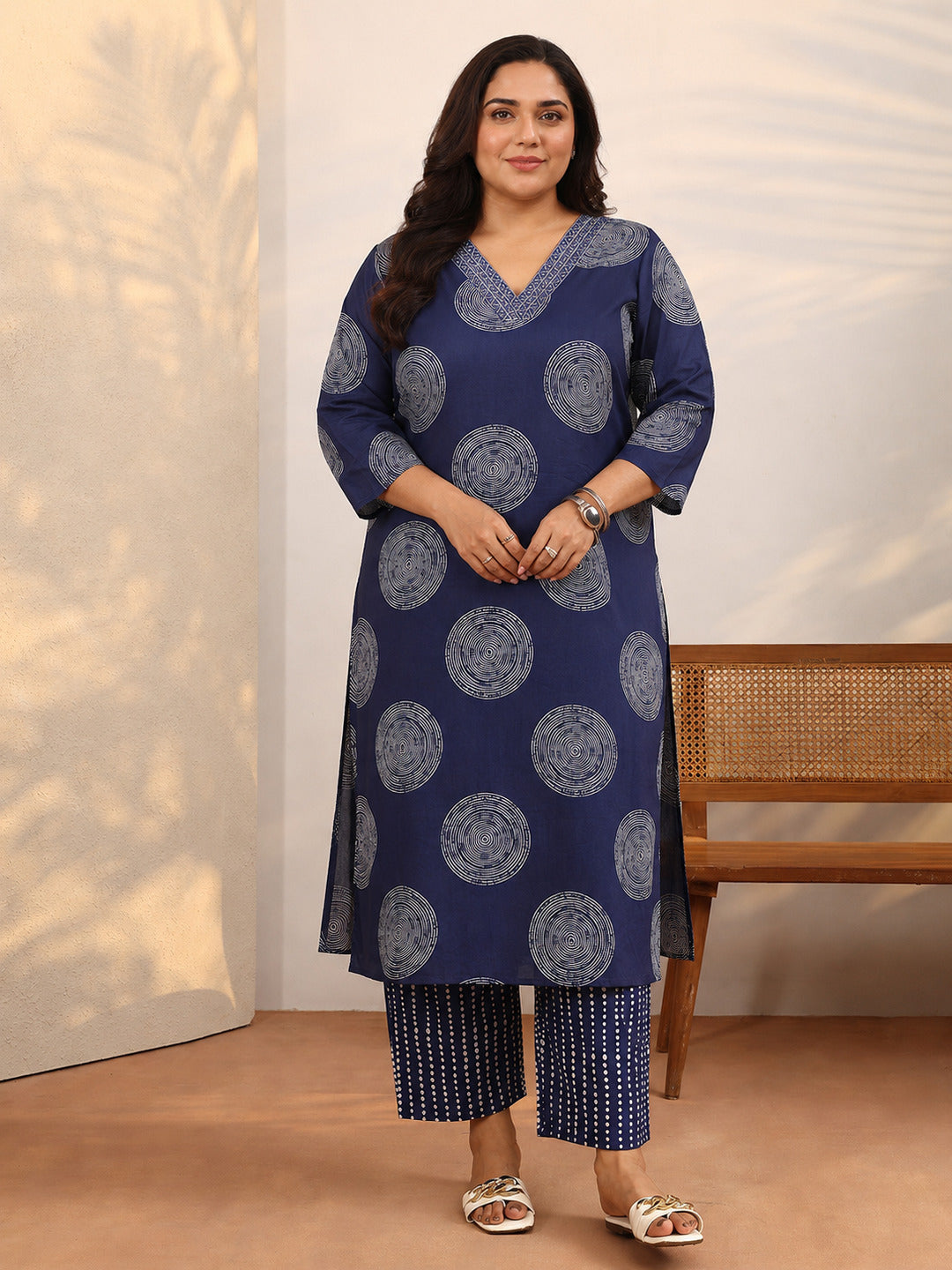  Plus Size Blue Geometric Printed Cotton Suit Set With Dupatta 