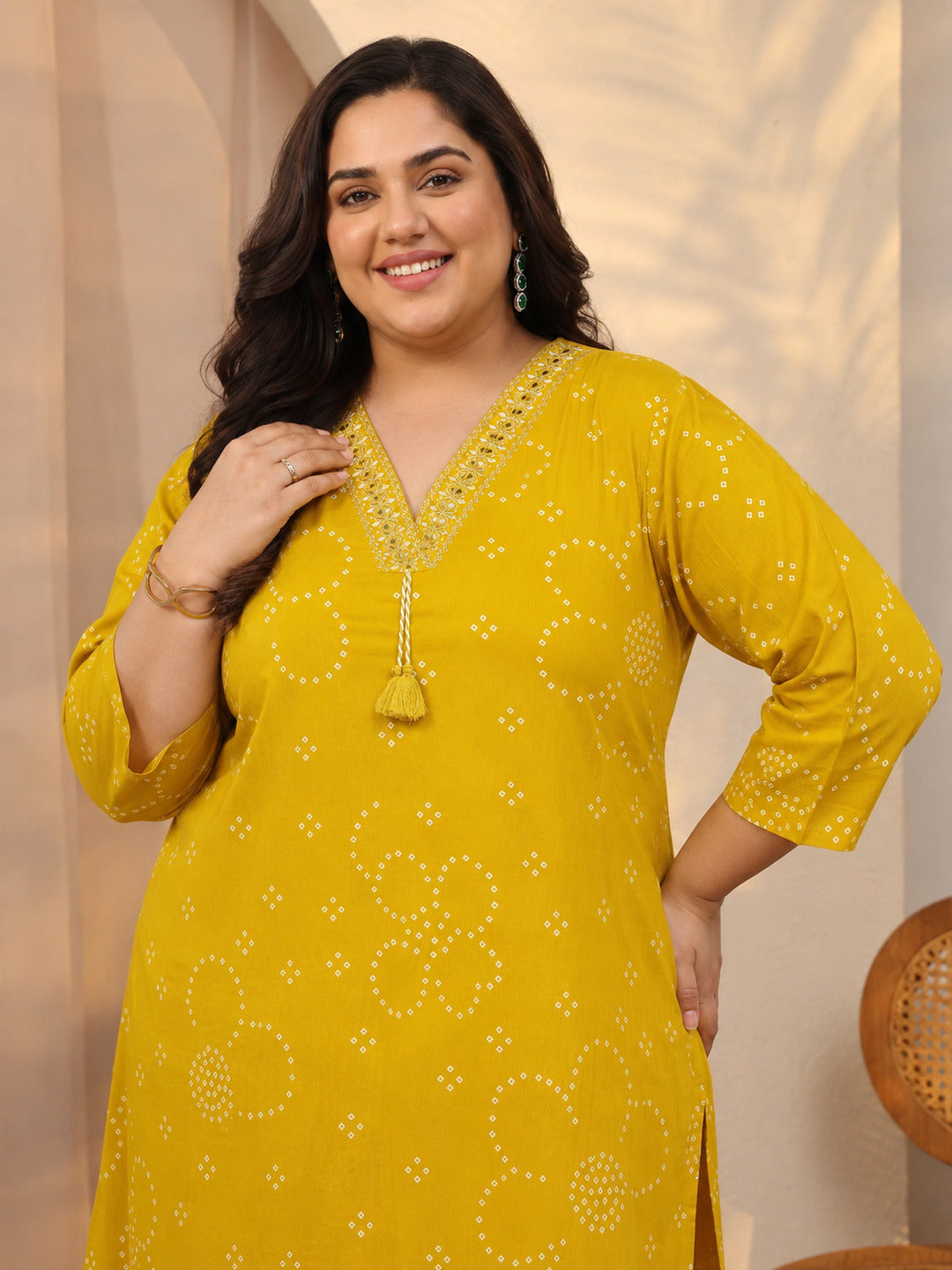  Plus Size Mustard Bandhani Printed Cotton Suit Set With Dupatta 