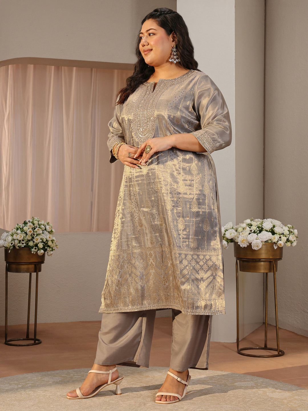  Plus Size Grey Ethnic Woven Design Silk Blend Straight Suit Set 