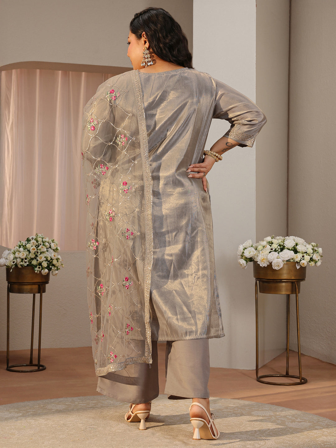 Plus Size Grey Ethnic Woven Design Silk Blend Straight Suit Set 