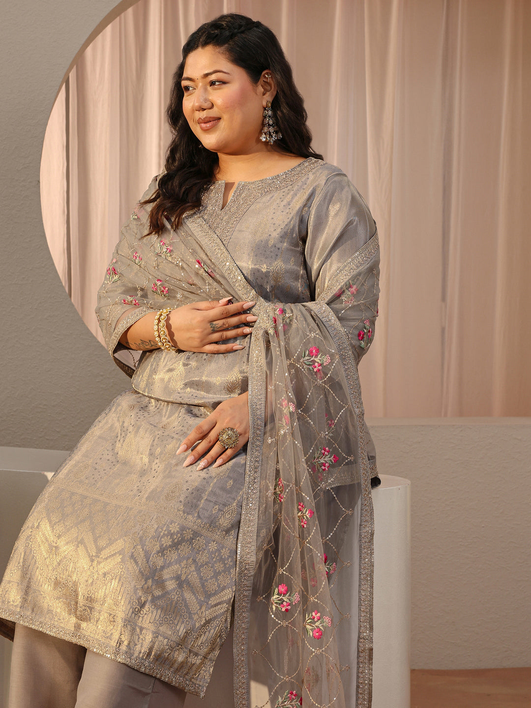  Plus Size Grey Ethnic Woven Design Silk Blend Straight Suit Set 