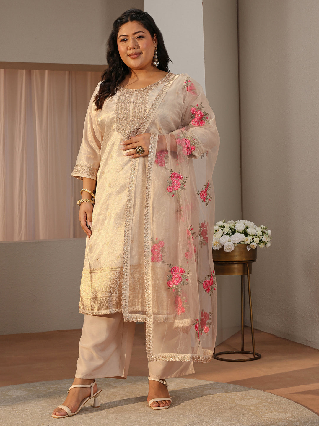  Plus Size Ivory Ethnic Woven Design Silk Blend Straight Suit Set 