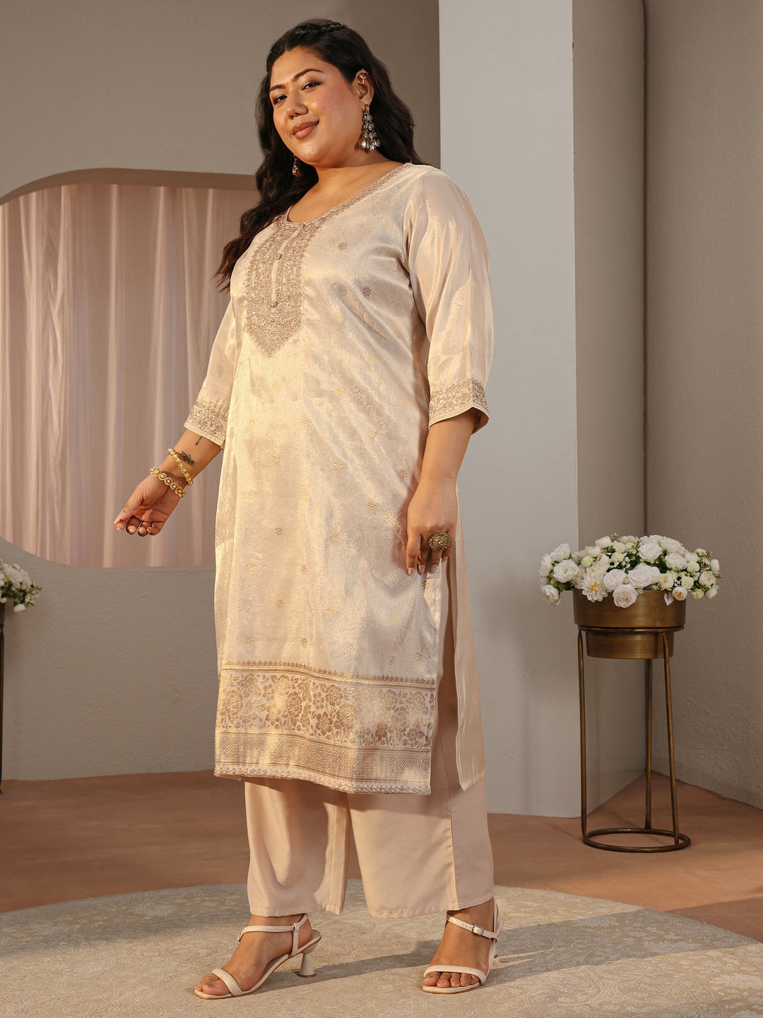  Plus Size Ivory Ethnic Woven Design Silk Blend Straight Suit Set 