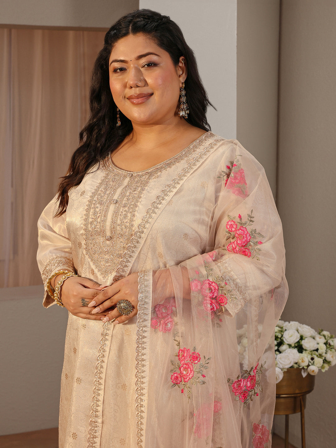 Plus Size Ivory Ethnic Woven Design Silk Blend Straight Suit Set 