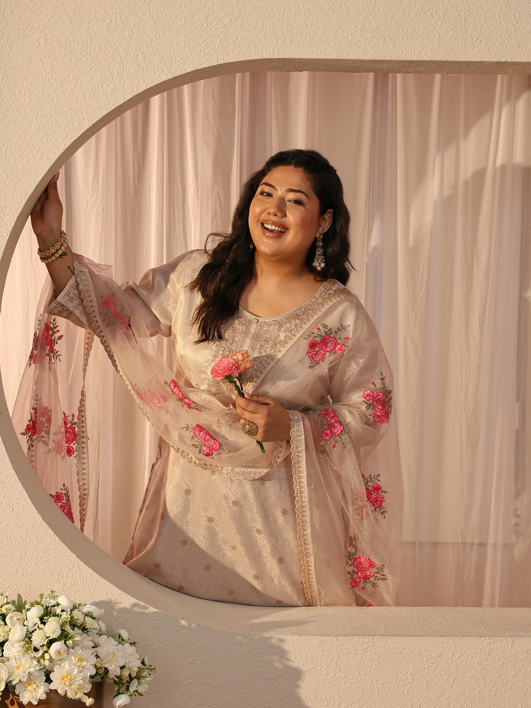  Plus Size Ivory Ethnic Woven Design Silk Blend Straight Suit Set 