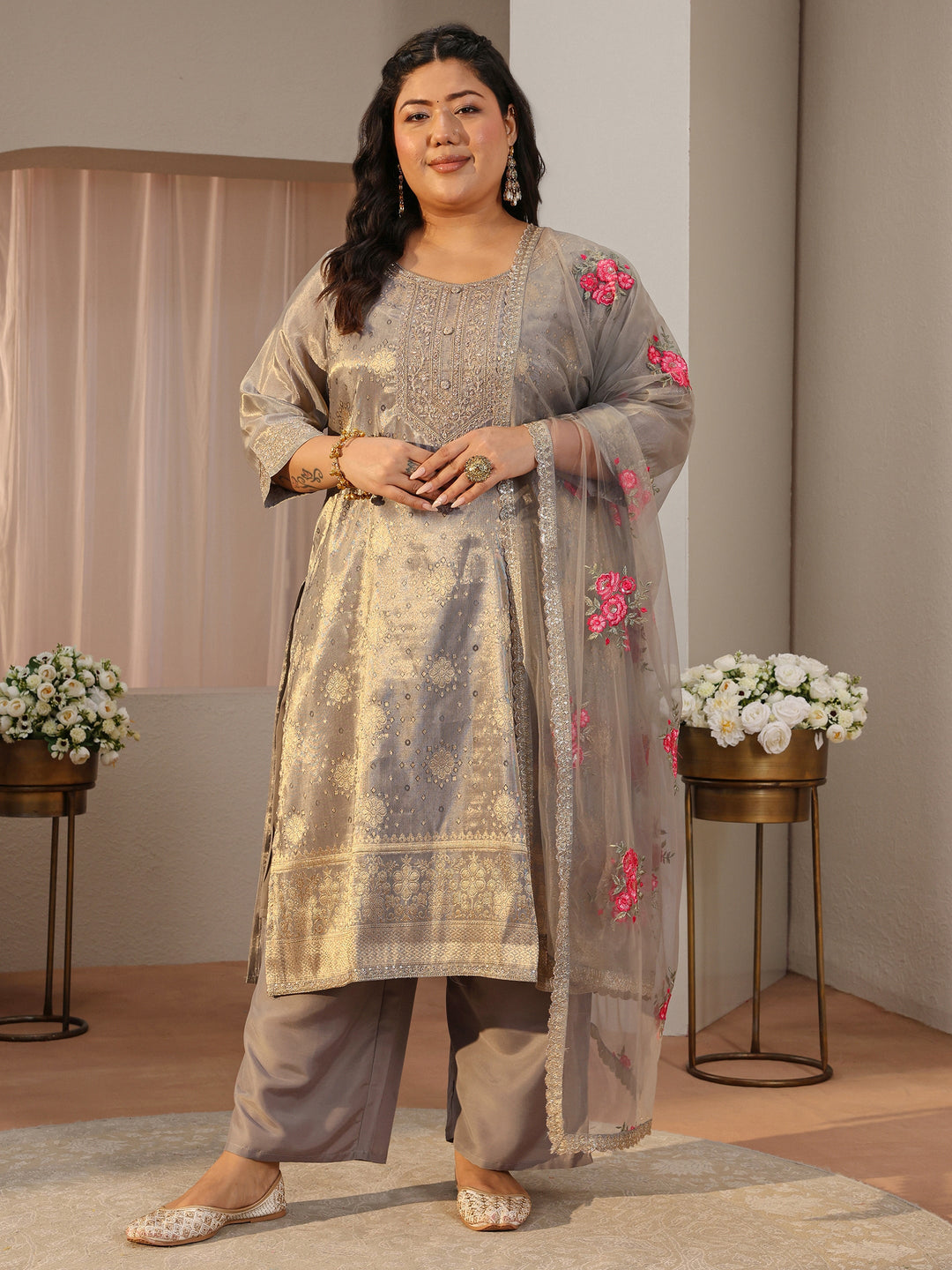  Plus Size Grey Woven Design Silk Blend Straight Suit Set 