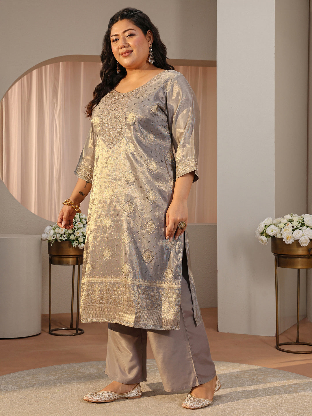  Plus Size Grey Woven Design Silk Blend Straight Suit Set 