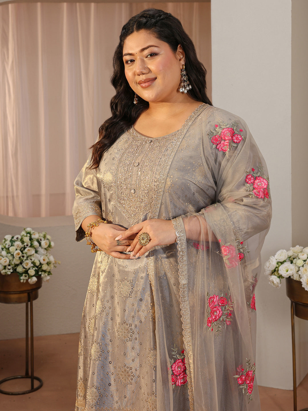  Plus Size Grey Woven Design Silk Blend Straight Suit Set 