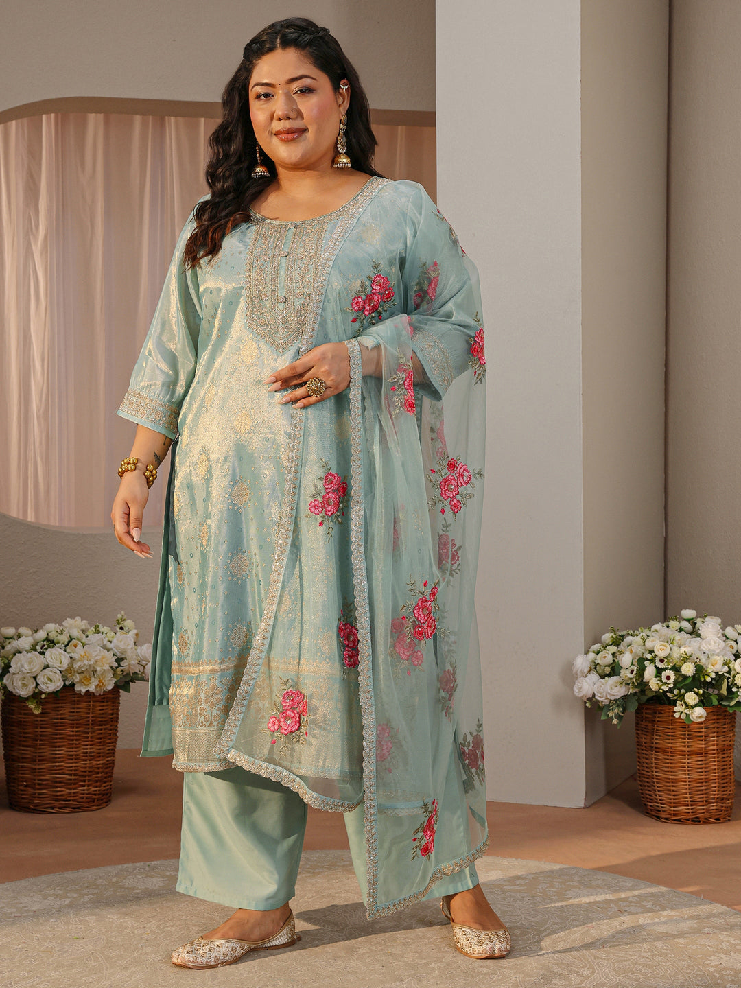  Plus Size Sky Blue Woven Design Silk Blend Straight Suit Set 