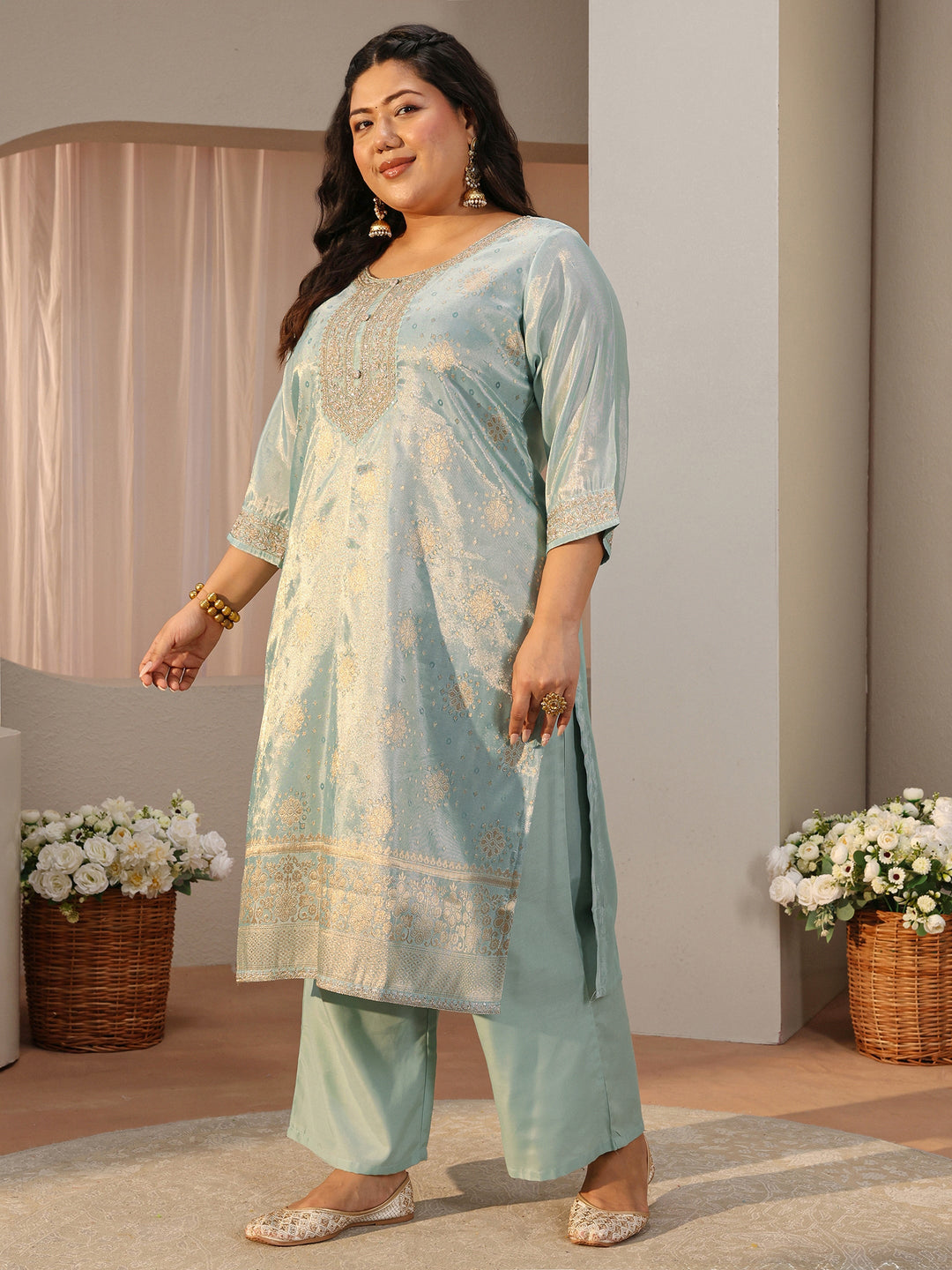  Plus Size Sky Blue Woven Design Silk Blend Straight Suit Set 