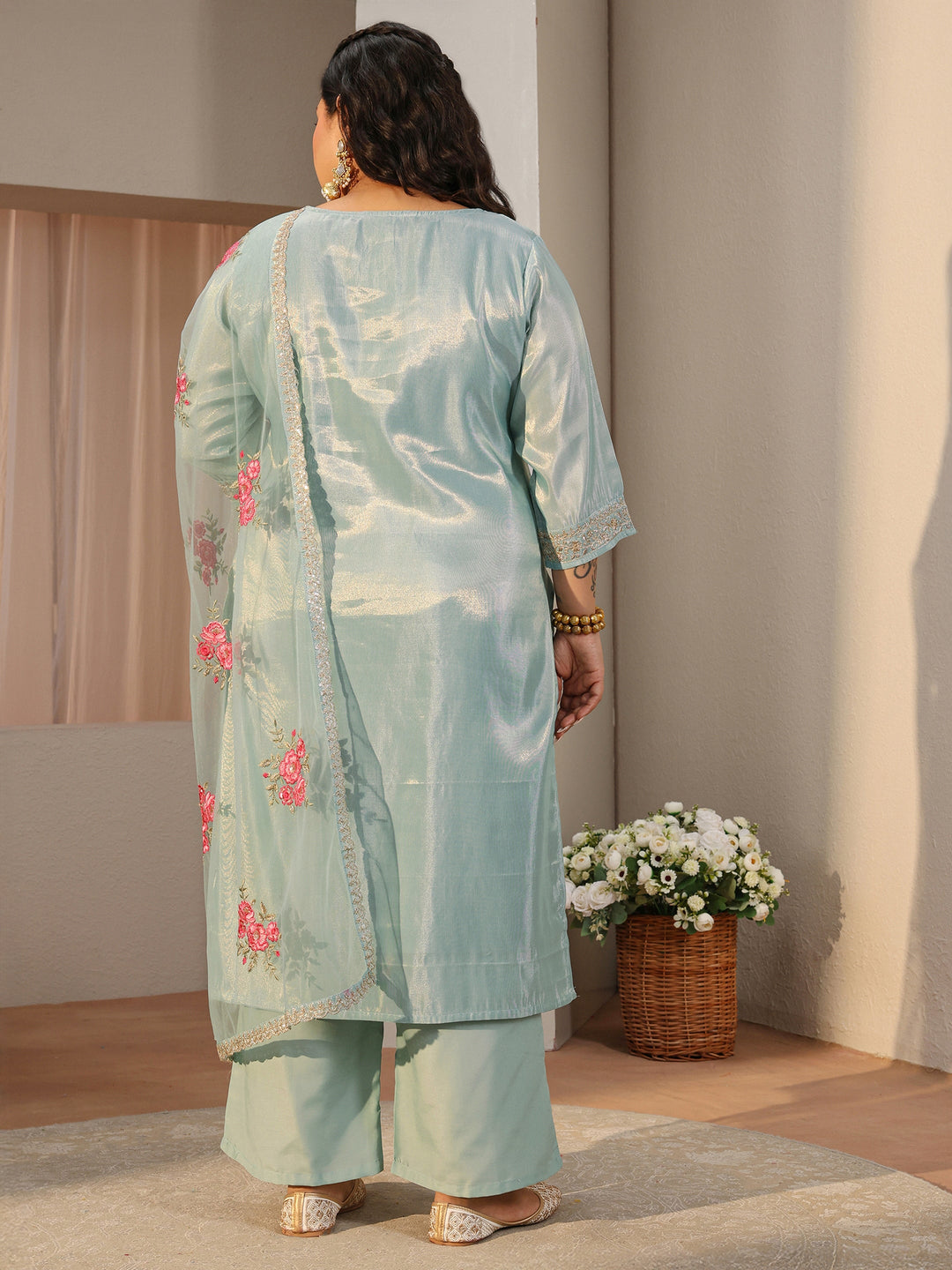  Plus Size Sky Blue Woven Design Silk Blend Straight Suit Set 