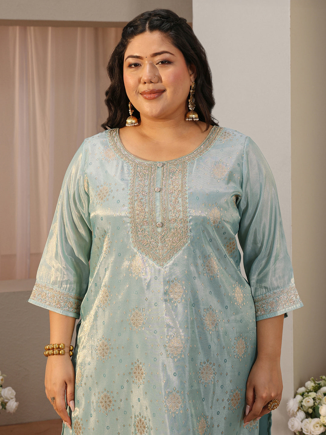  Plus Size Sky Blue Woven Design Silk Blend Straight Suit Set 