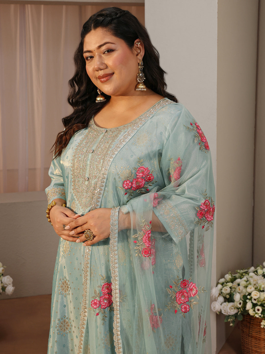  Plus Size Sky Blue Woven Design Silk Blend Straight Suit Set 