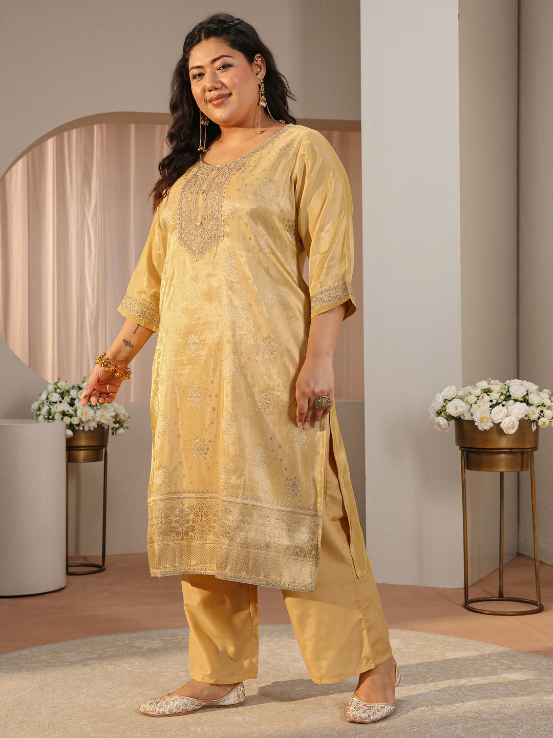  Plus Size Yellow Woven Design Silk Blend Straight Suit Set 
