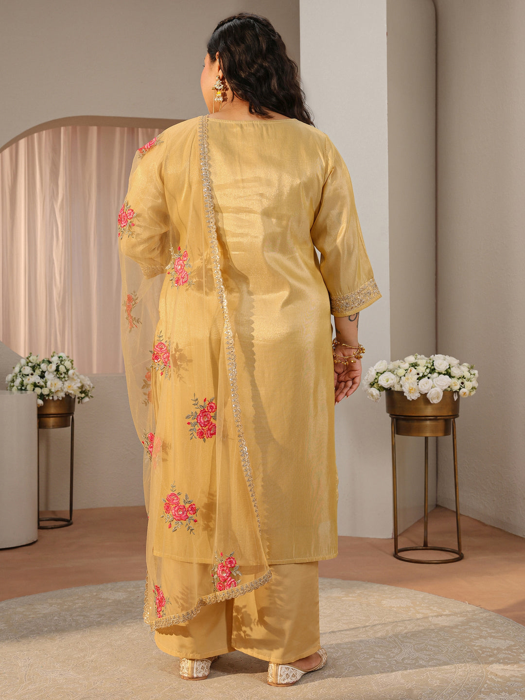  Plus Size Yellow Woven Design Silk Blend Straight Suit Set 