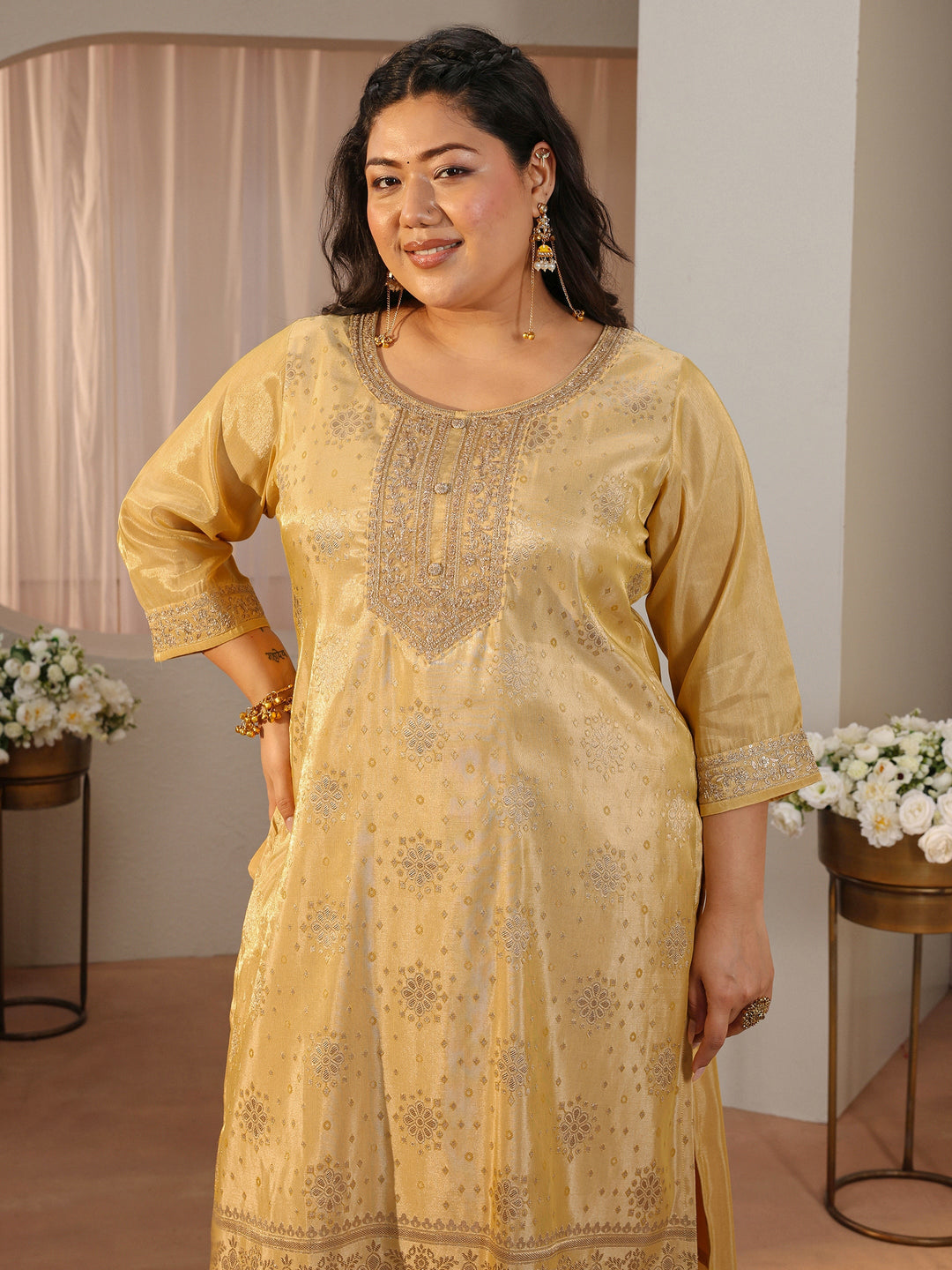  Plus Size Yellow Woven Design Silk Blend Straight Suit Set 