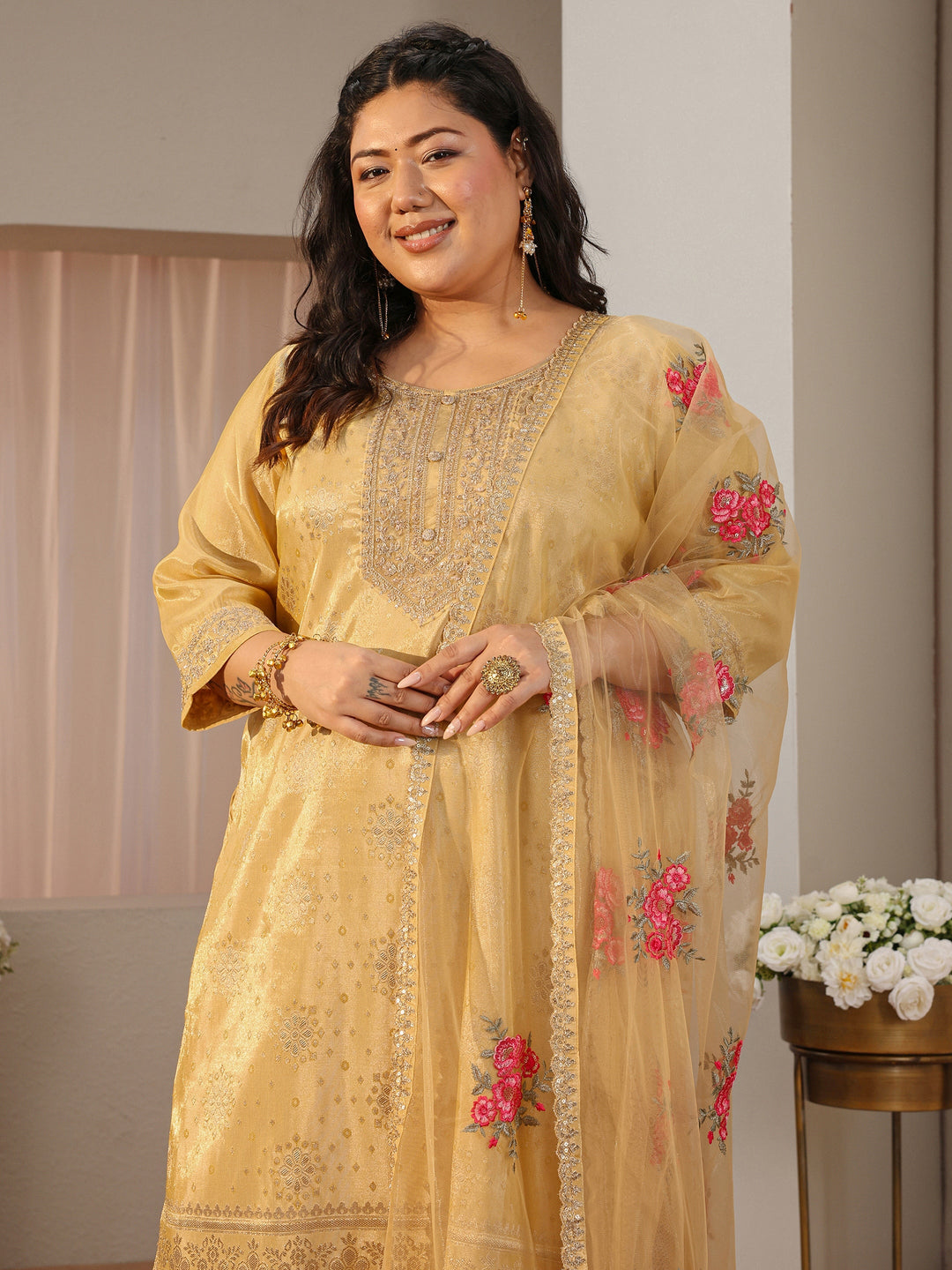  Plus Size Yellow Woven Design Silk Blend Straight Suit Set 