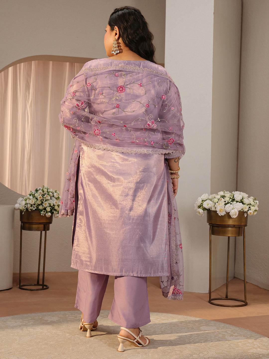  Plus Size Lavender Woven Design Silk Blend Straight Suit Set 