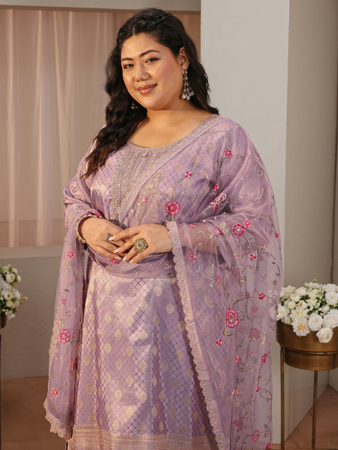  Plus Size Lavender Woven Design Silk Blend Straight Suit Set 