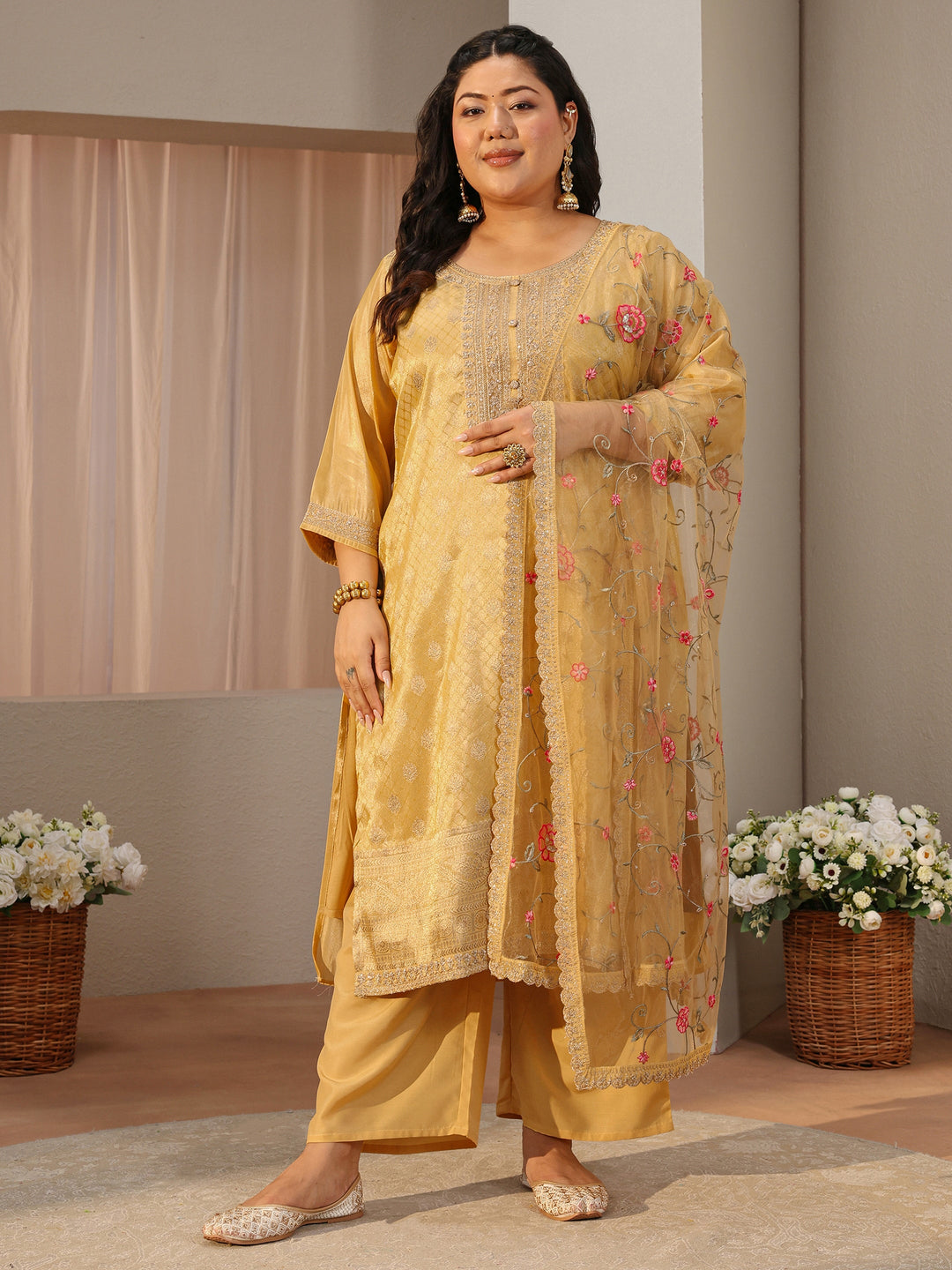  Plus Size Yellow Woven Design Silk Blend Straight Suit Set 