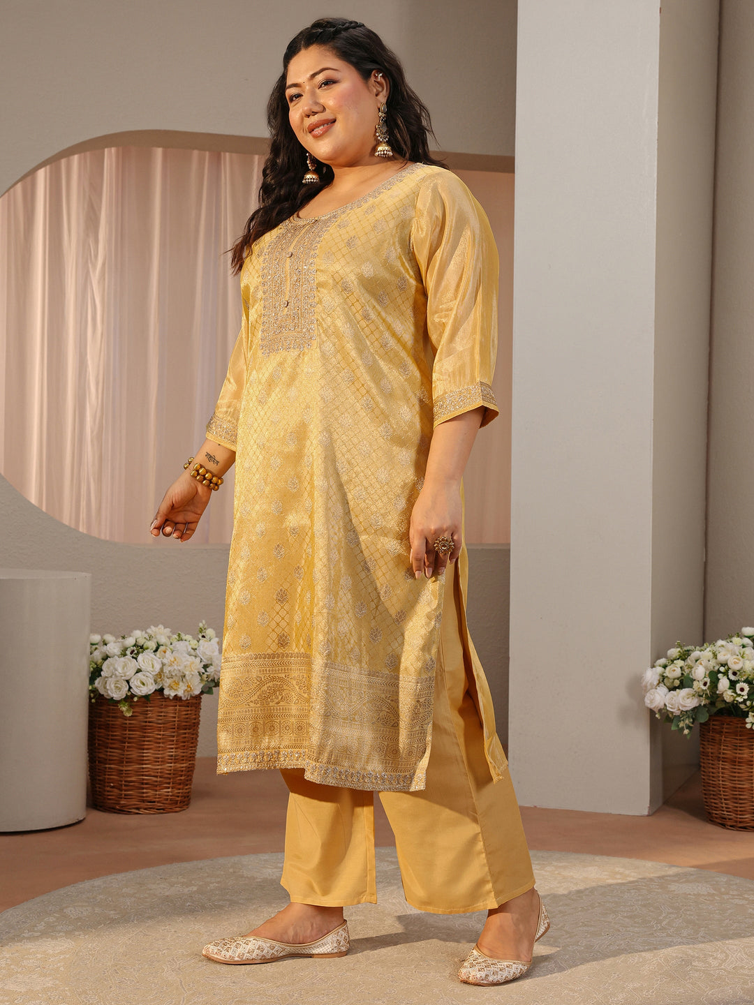  Plus Size Yellow Woven Design Silk Blend Straight Suit Set 