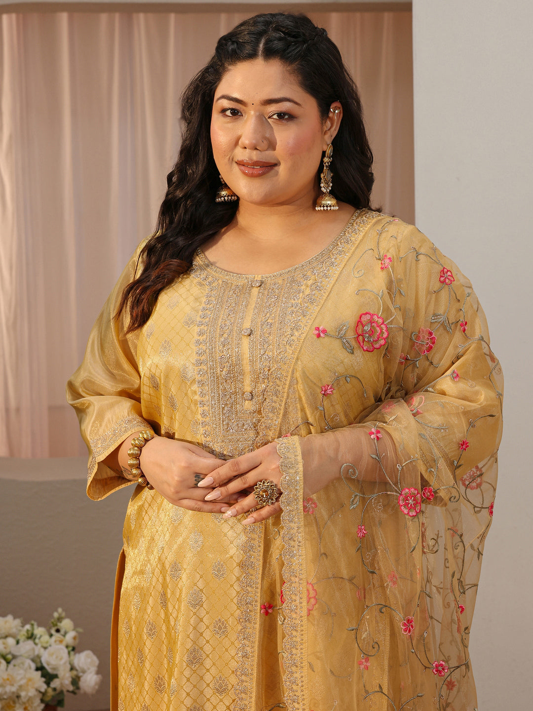  Plus Size Yellow Woven Design Silk Blend Straight Suit Set 