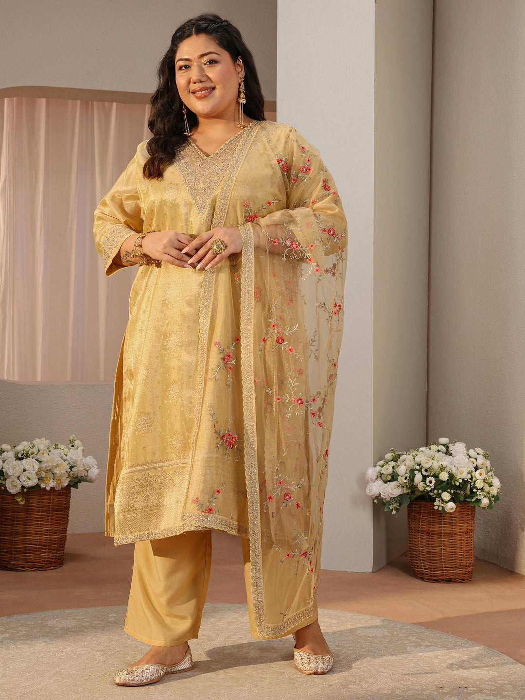  Plus Size Yellow Woven Design Silk Blend Straight Suit Set 