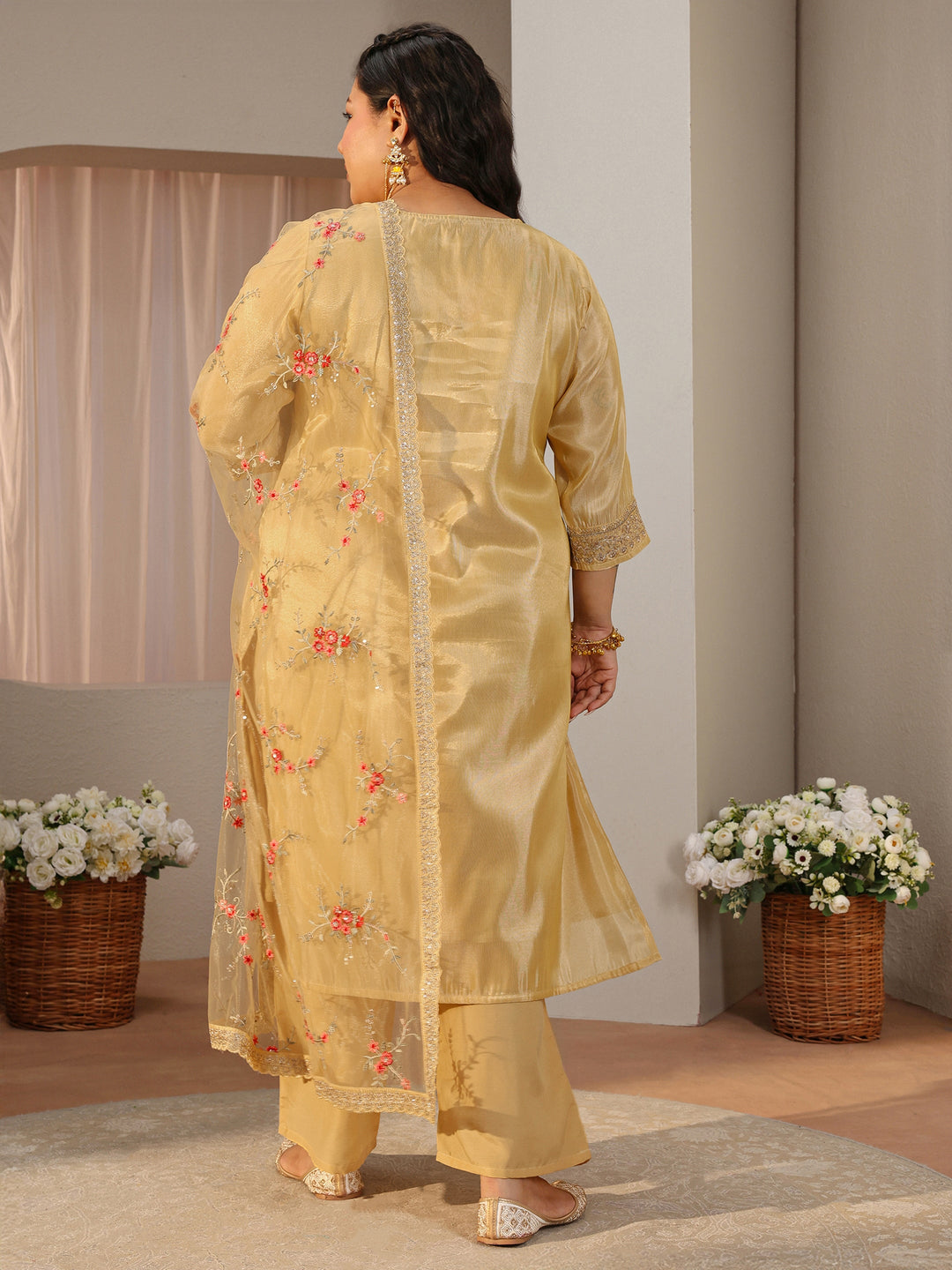  Plus Size Yellow Woven Design Silk Blend Straight Suit Set 