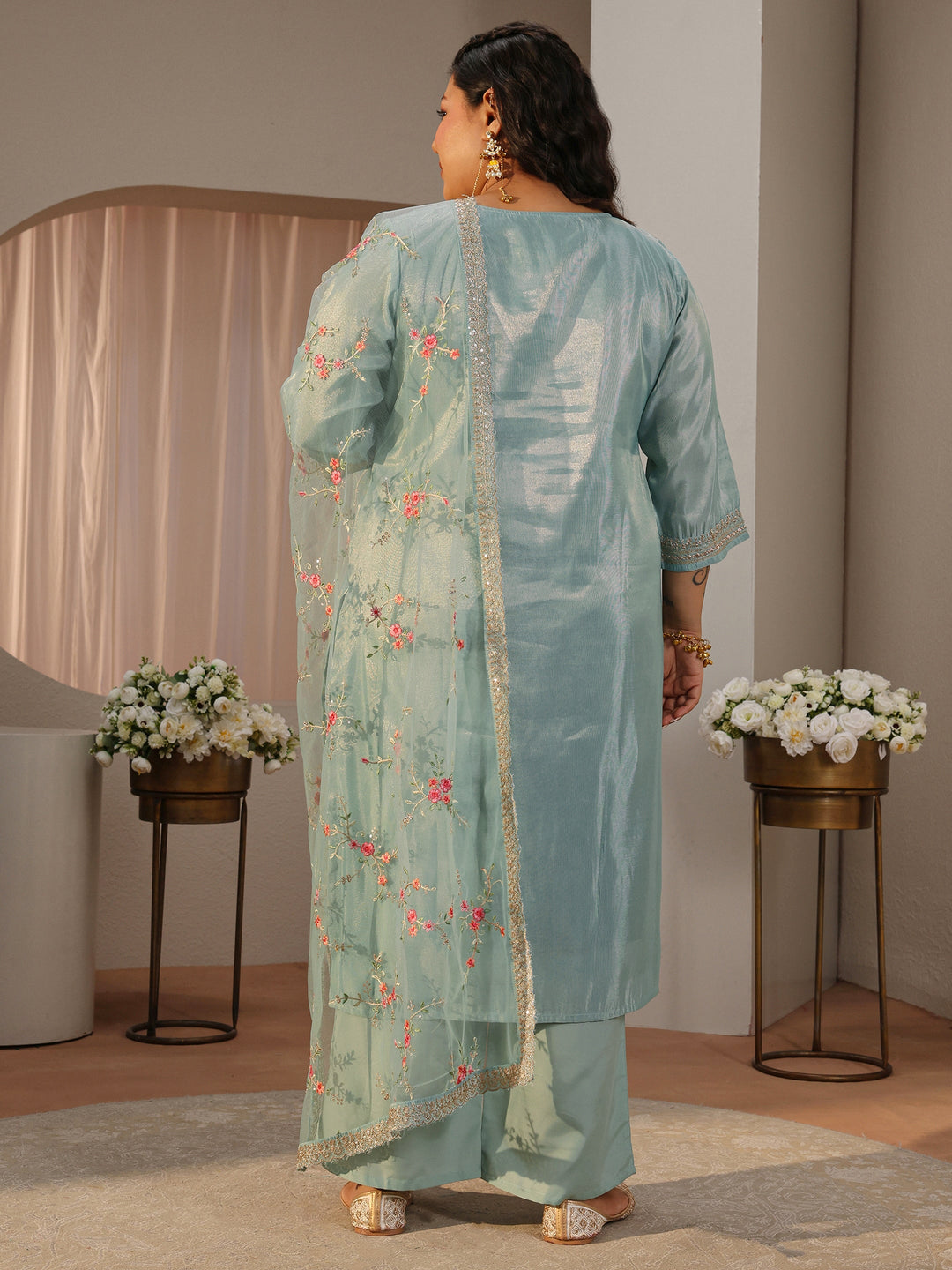  Plus Size Sea Green Woven Design Silk Blend Straight Suit Set 