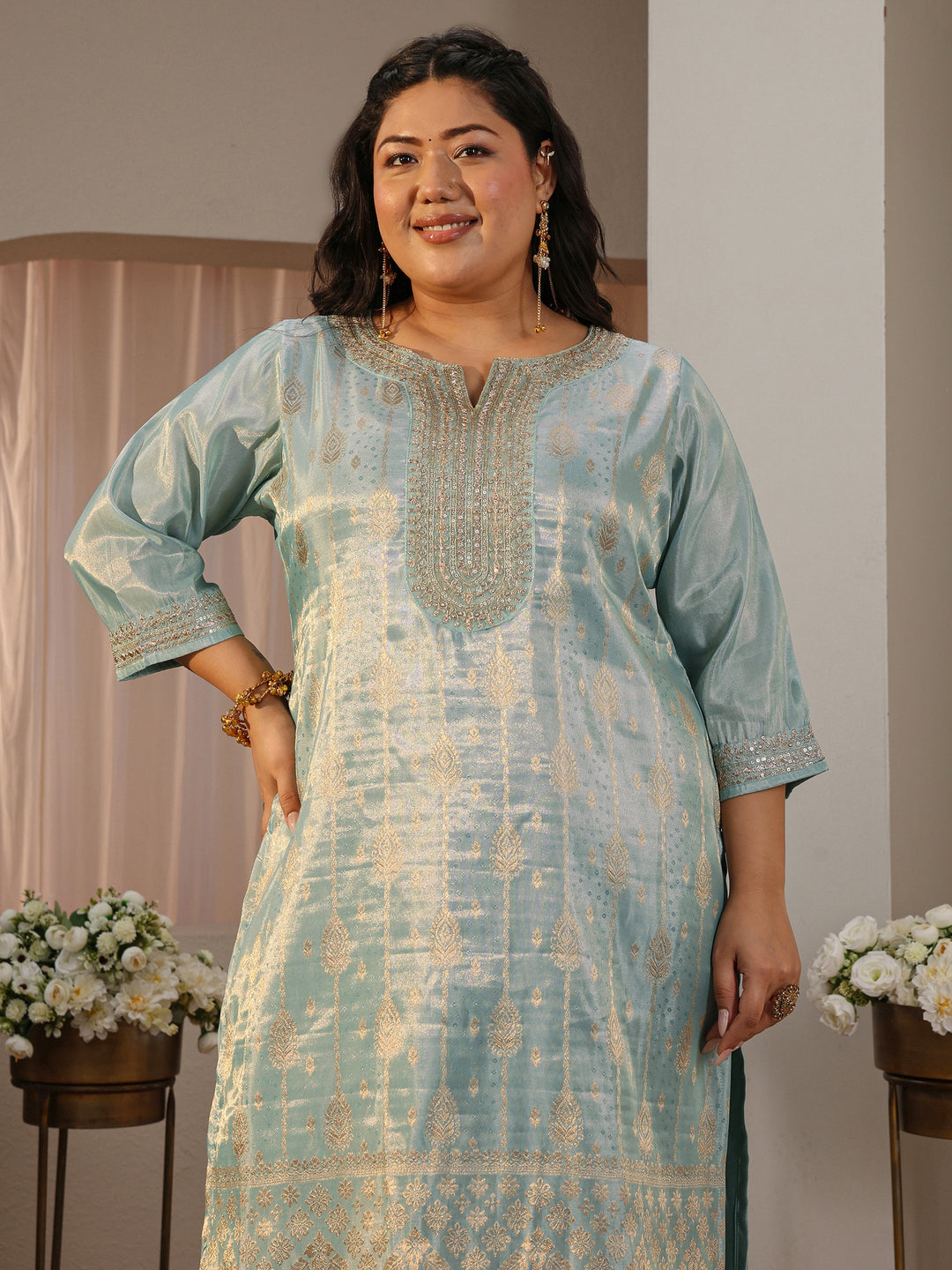  Plus Size Sea Green Woven Design Silk Blend Straight Suit Set 