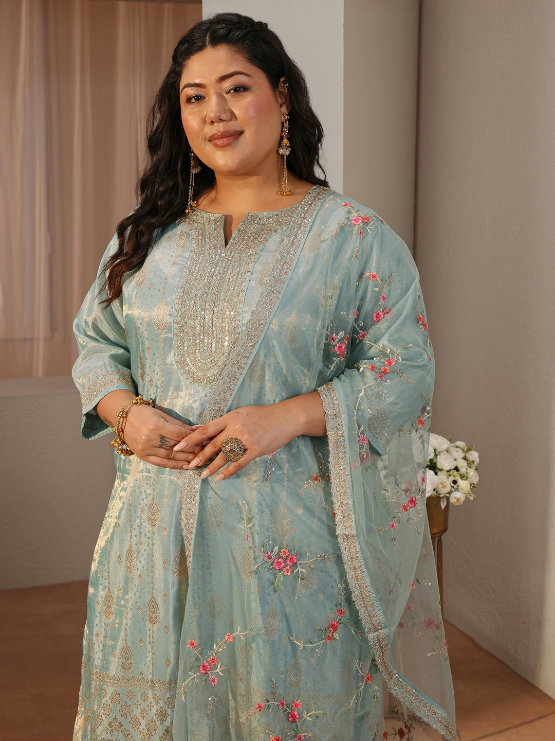  Plus Size Sea Green Woven Design Silk Blend Straight Suit Set 