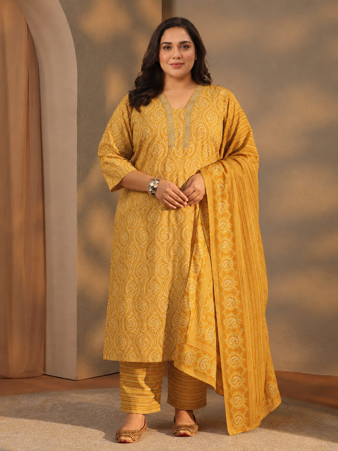Plus Size Yellow Paisley Printed Cotton Straight Suit Set
