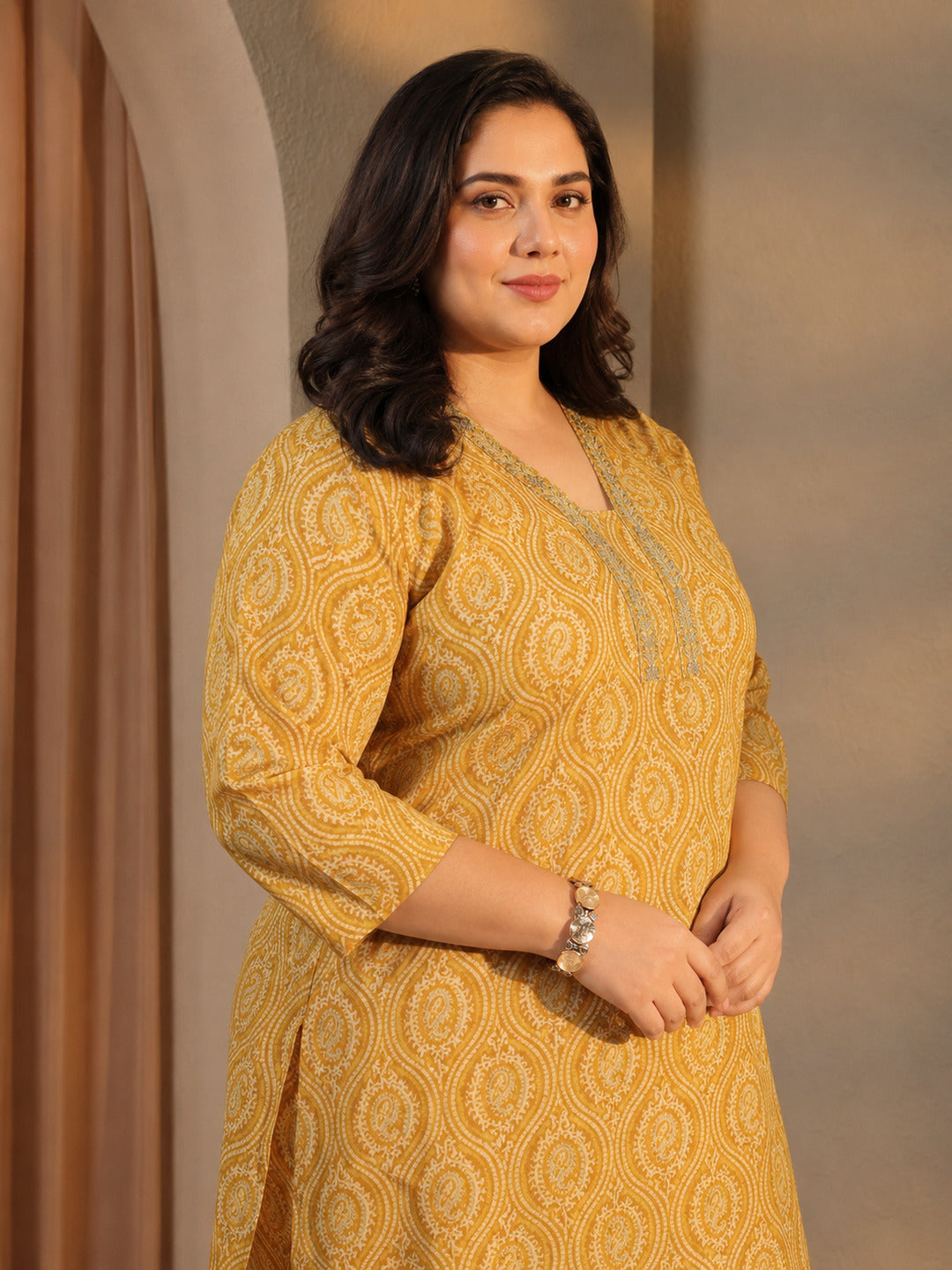  Plus Size Yellow Paisley Printed Cotton Straight Suit Set 