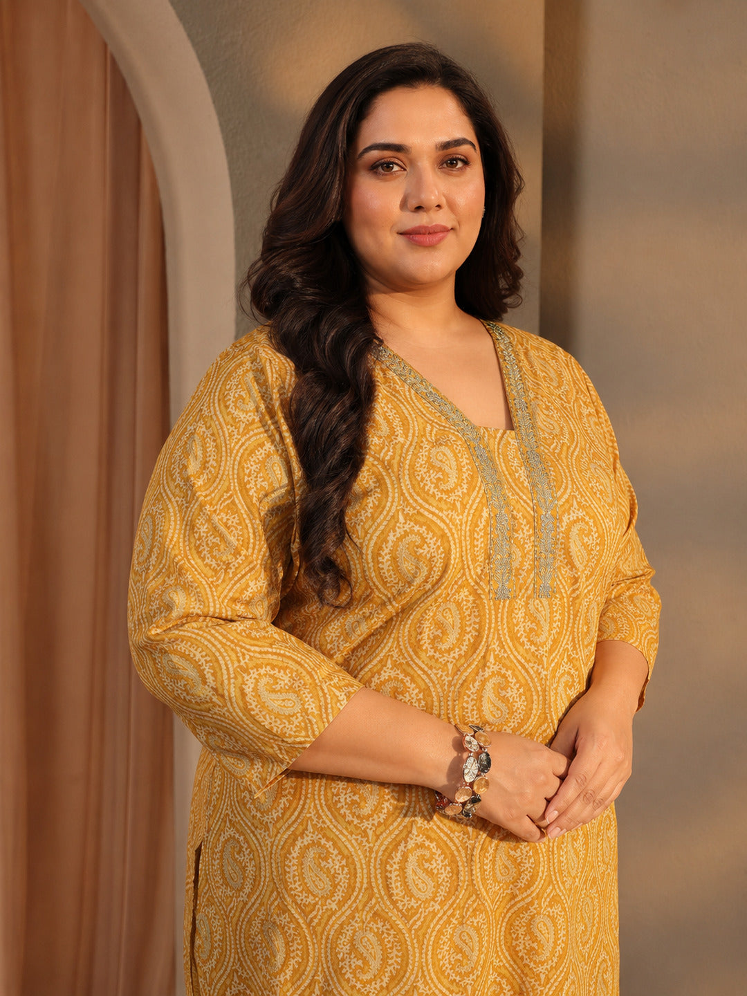 Plus Size Yellow Paisley Printed Cotton Straight Suit Set 
