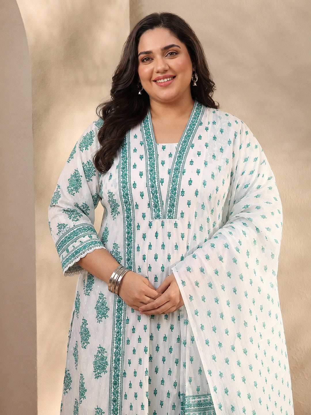  Plus Size White Floral Printed Cotton A-Line Suit Set With Dupatta 