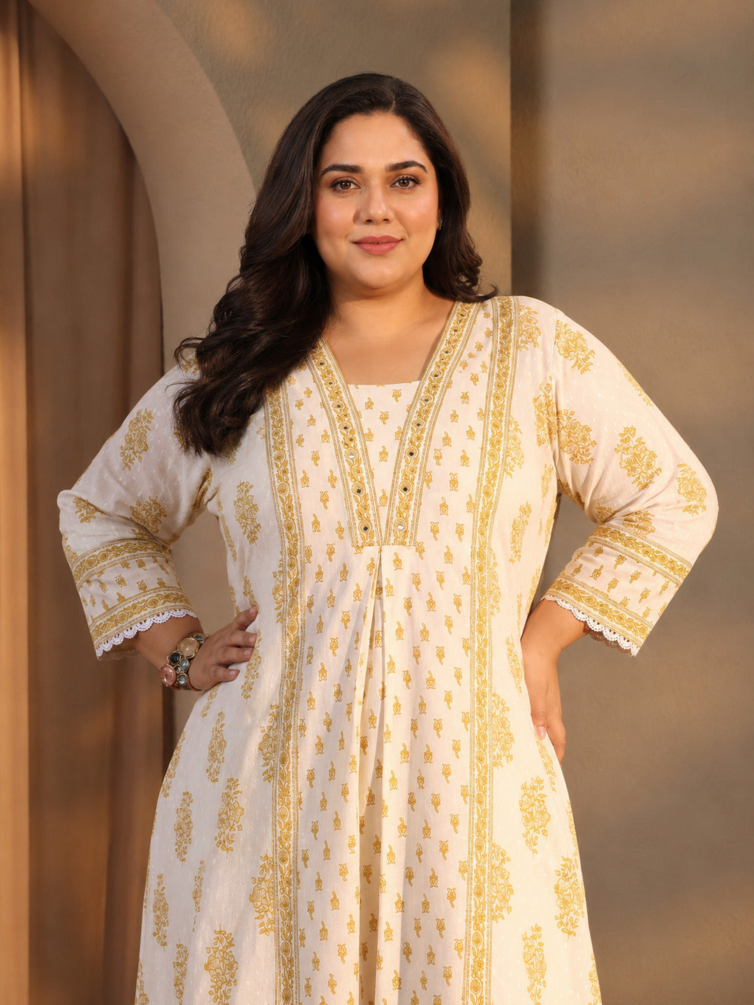 Plus Size White Floral Printed Cotton A-Line Suit Set 