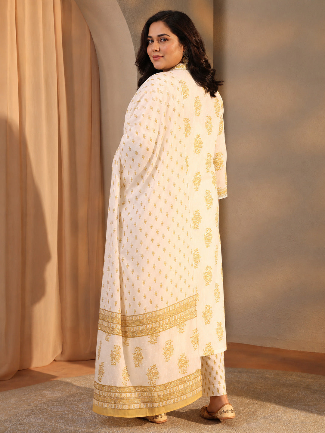  Plus Size White Floral Printed Cotton A-Line Suit Set 