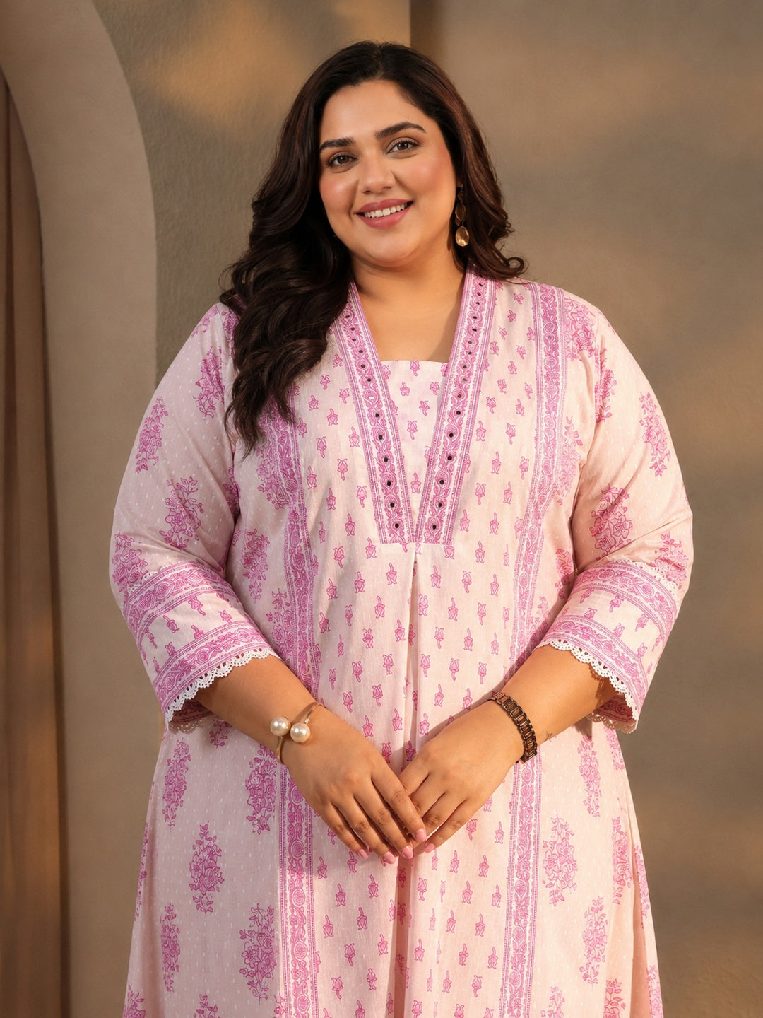  Plus Size White Floral Printed Cotton A-Line Suit Set With Dupatta 