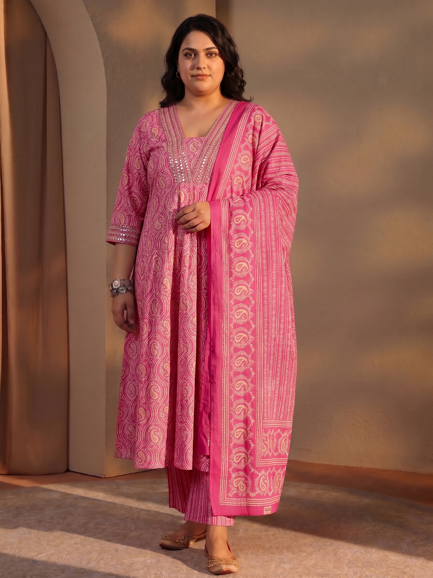 libas Plus Size Pink Paisley Printed Cotton A-Line Suit Set-picture-47
