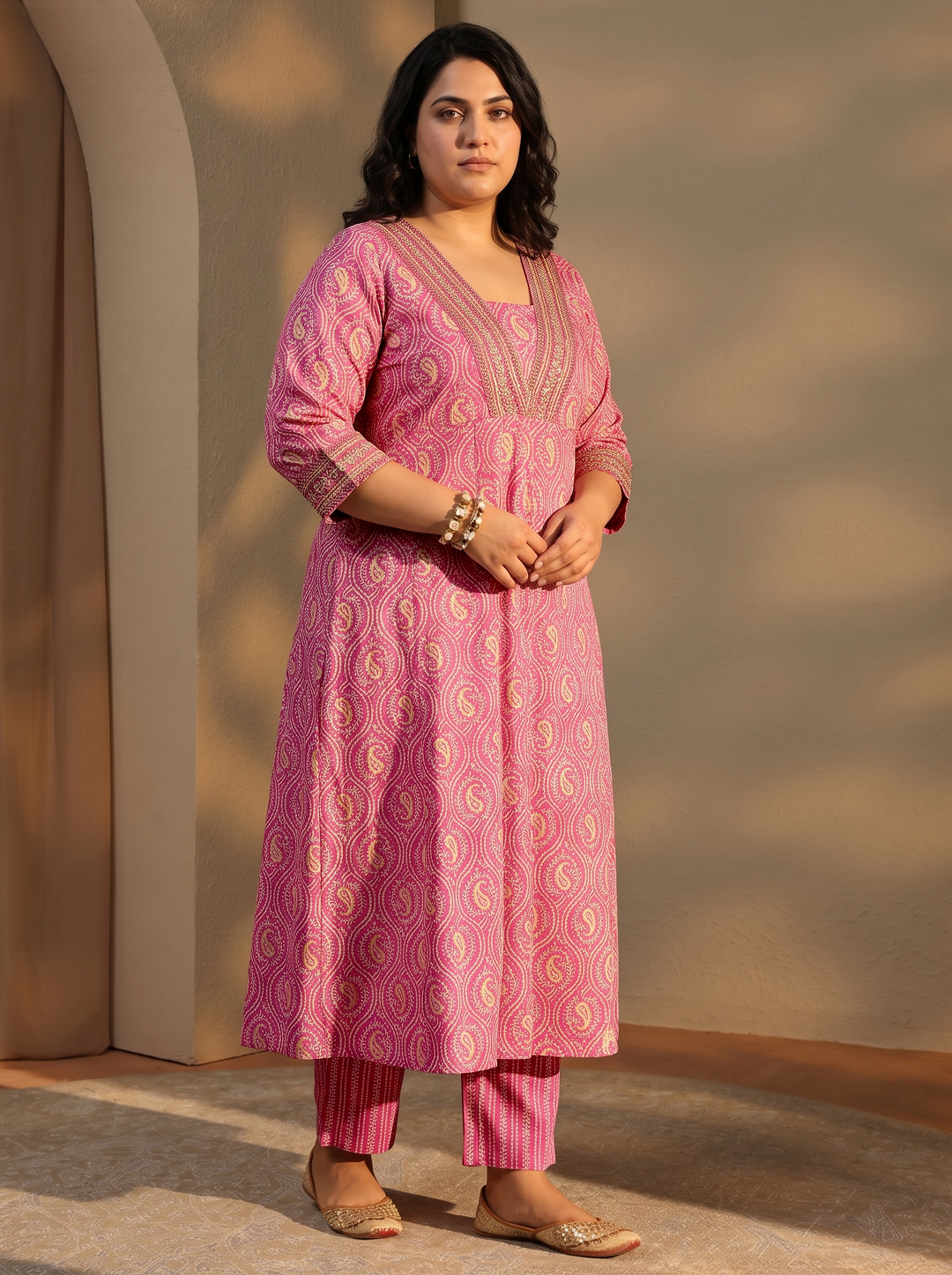  Plus Size Pink Paisley Printed Cotton A-Line Suit Set 