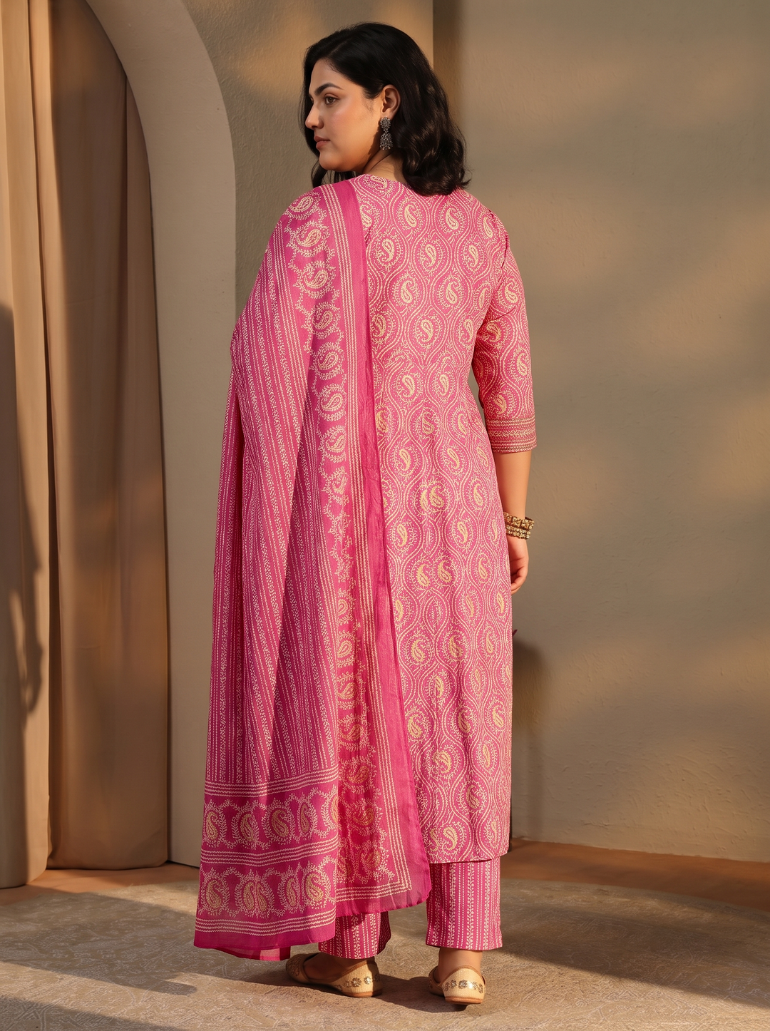  Plus Size Pink Paisley Printed Cotton A-Line Suit Set 