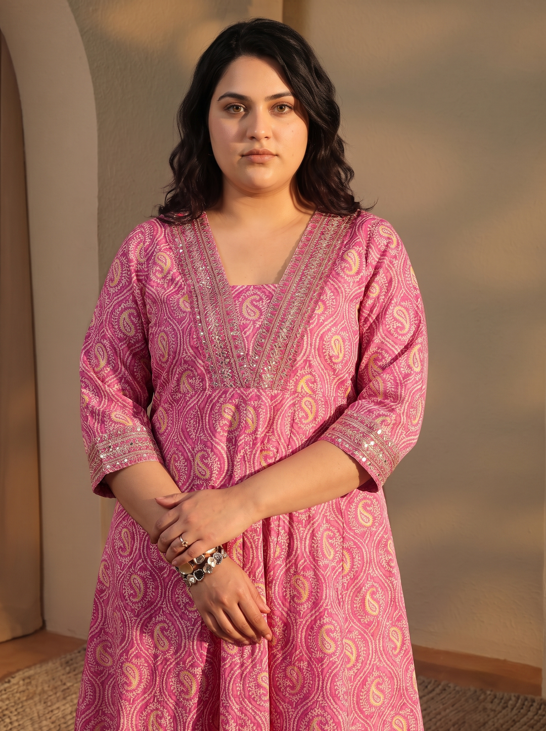  Plus Size Pink Paisley Printed Cotton A-Line Suit Set 
