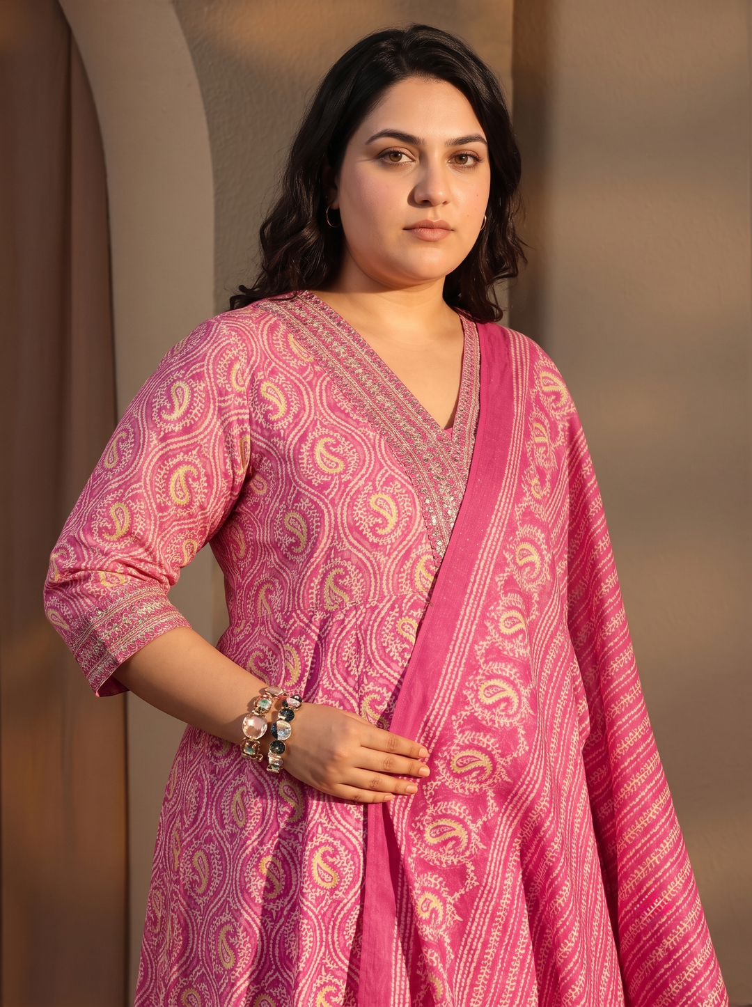  Plus Size Pink Paisley Printed Cotton A-Line Suit Set 