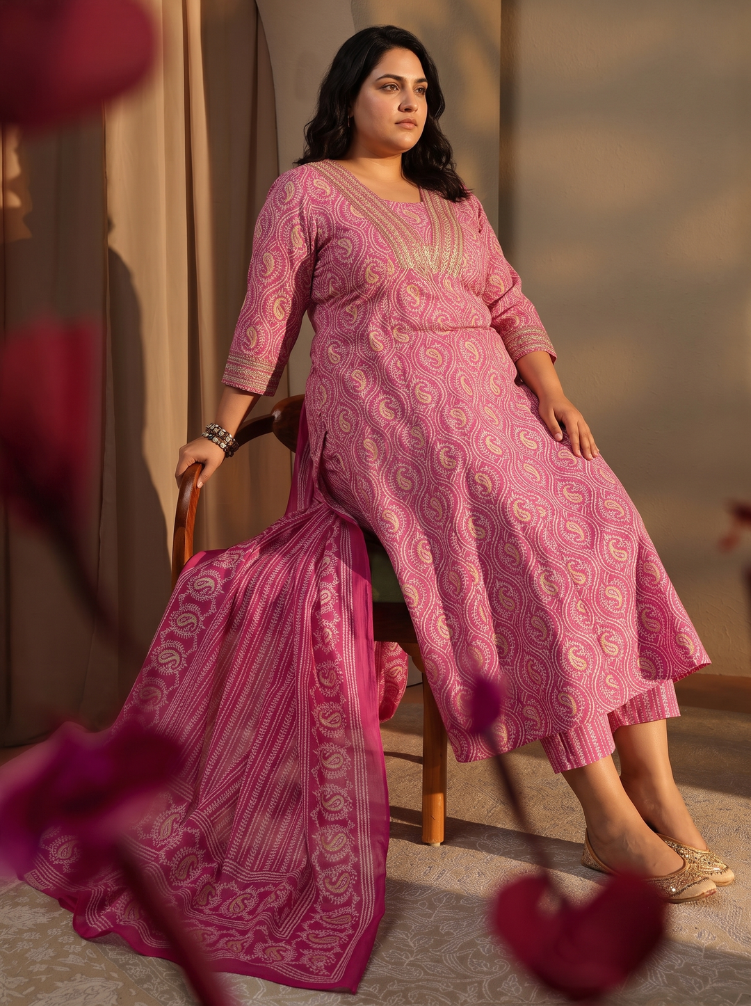  Plus Size Pink Paisley Printed Cotton A-Line Suit Set 