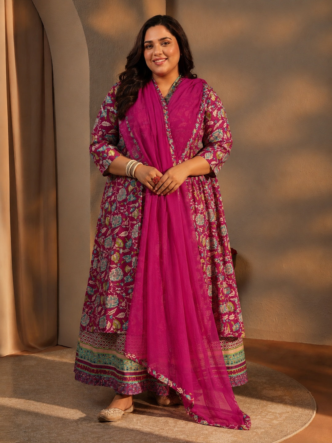  Plus Size Pink Floral Printed Cotton A-Line Suit Set 