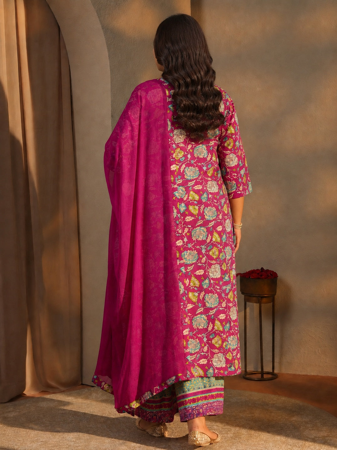  Plus Size Pink Floral Printed Cotton A-Line Suit Set 