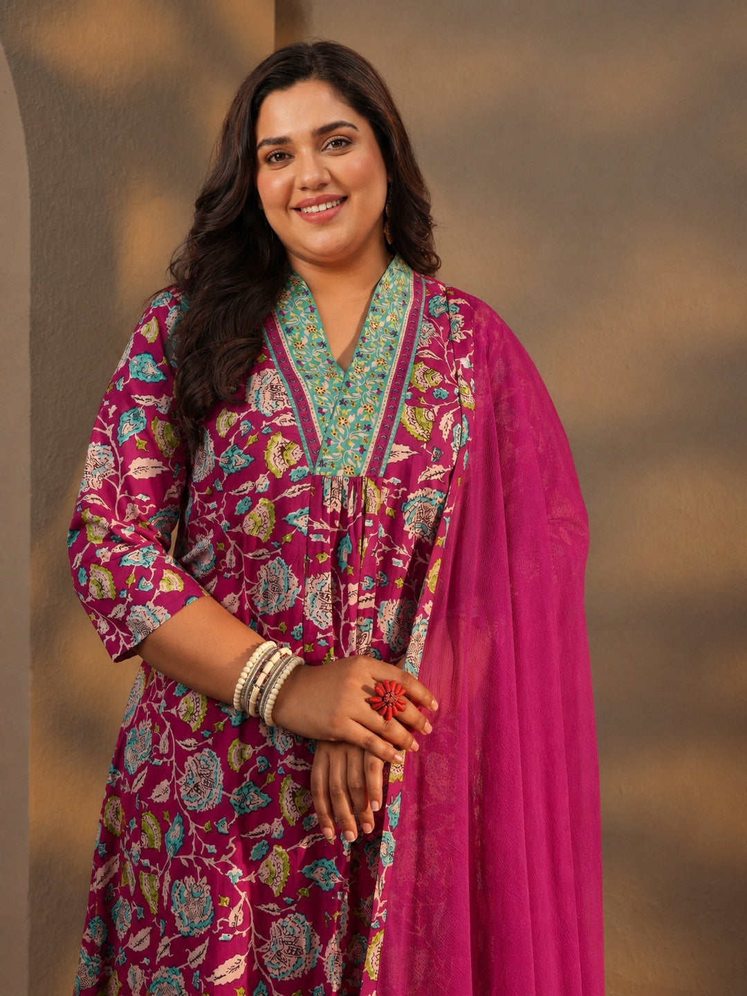  Plus Size Pink Floral Printed Cotton A-Line Suit Set 