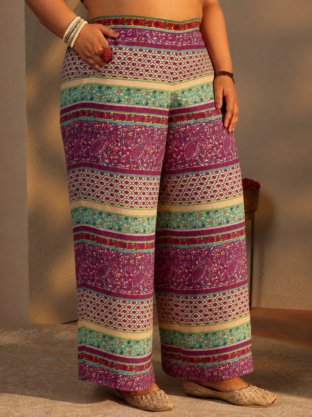  Plus Size Pink Floral Printed Cotton A-Line Suit Set 